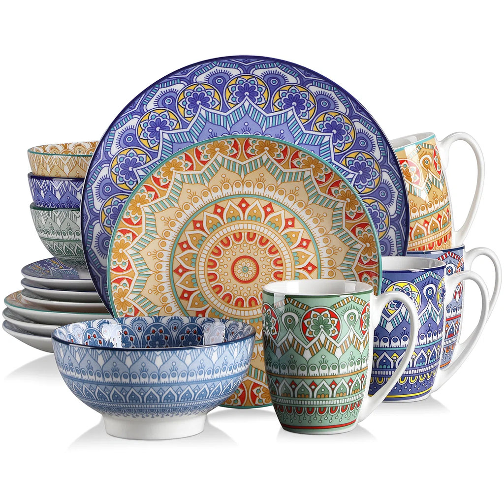 Mandala 16 Piece Porcelain China Dinnerware Set - Service for 4