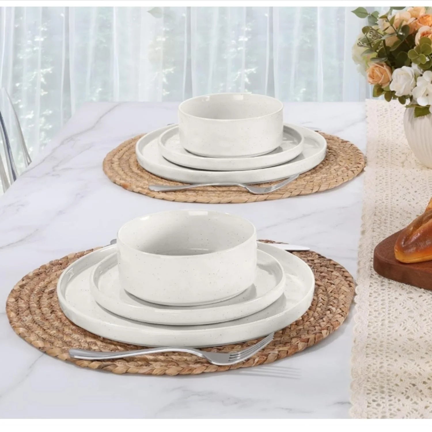 Stoneware Dinnerware Sets, 12 Piece Plates and Bowls Dish Set for 4, Kitchen Speckled Dinner Ware Dining Dishware, Microwave & Dishwasher Safe, Polar White