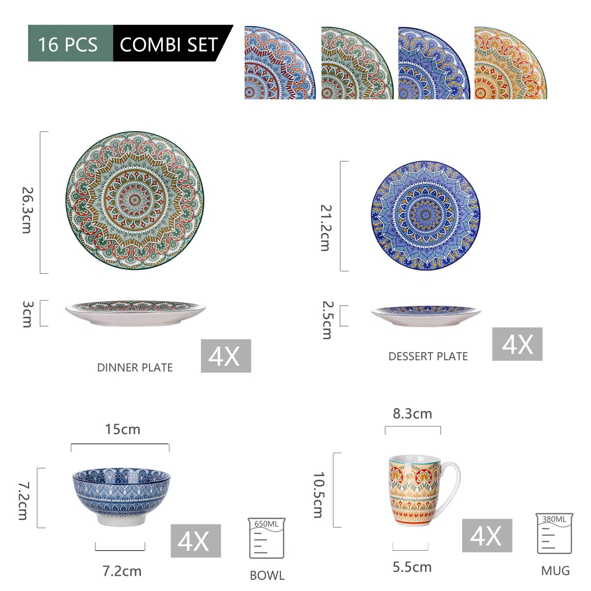 Mandala 16 Piece Porcelain China Dinnerware Set - Service for 4