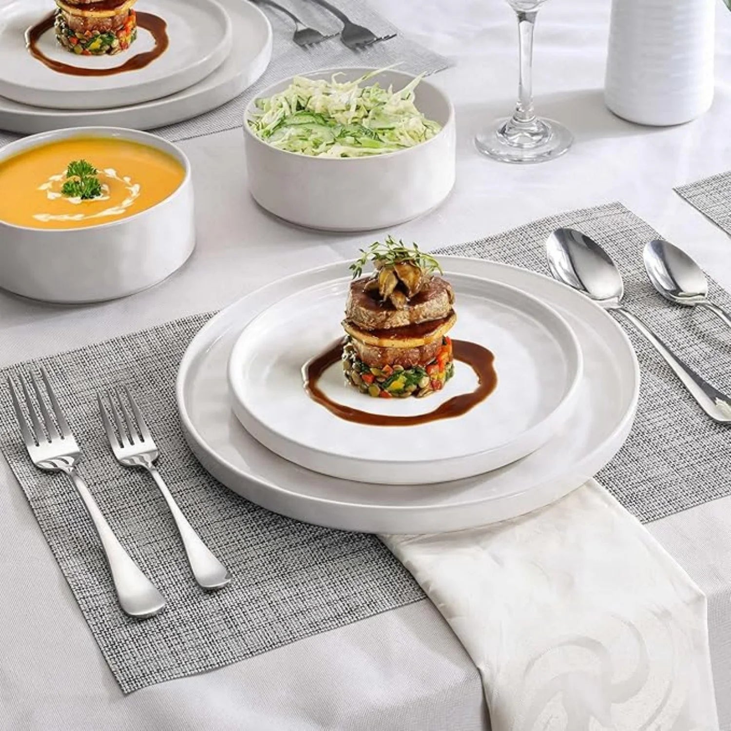 Stoneware Dinnerware Sets, 12 Piece Plates and Bowls Dish Set for 4, Kitchen Speckled Dinner Ware Dining Dishware, Microwave & Dishwasher Safe, Polar White