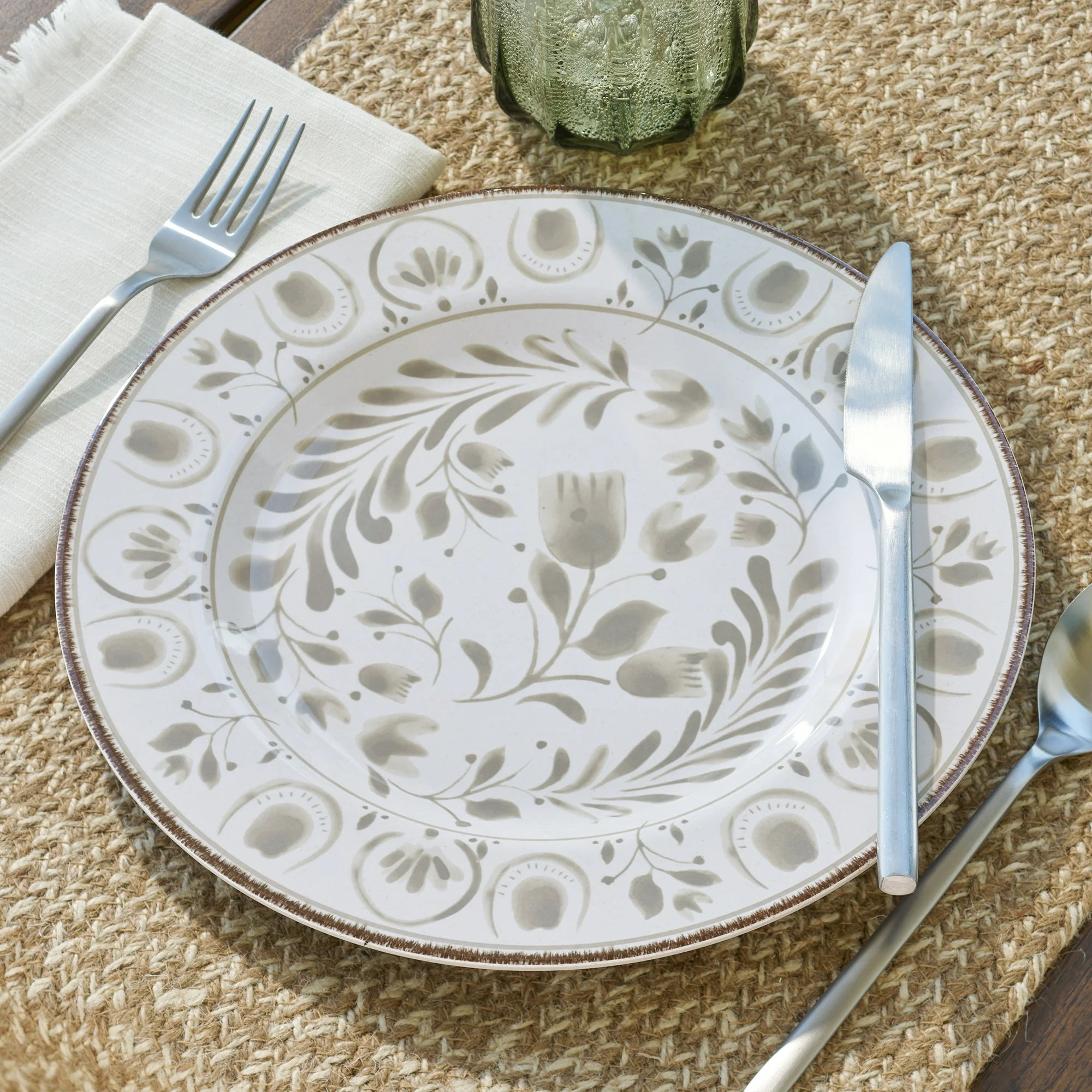 12-Piece Bamboo Melamine Dinnerware Set, Grey