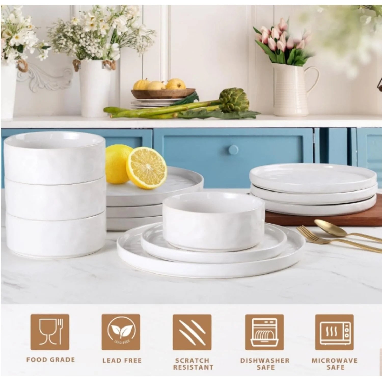 Stoneware Dinnerware Sets, 12 Piece Plates and Bowls Dish Set for 4, Kitchen Speckled Dinner Ware Dining Dishware, Microwave & Dishwasher Safe, Polar White