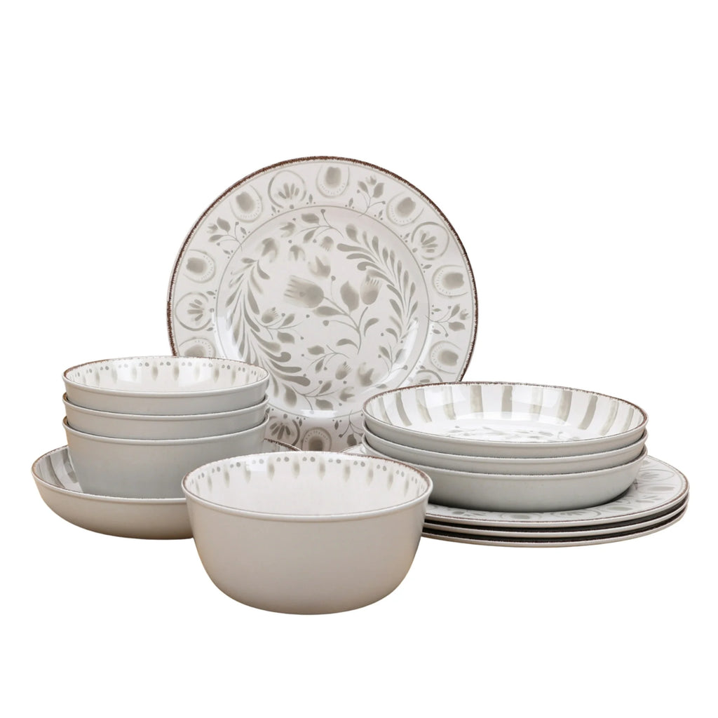 12-Piece Bamboo Melamine Dinnerware Set, Grey