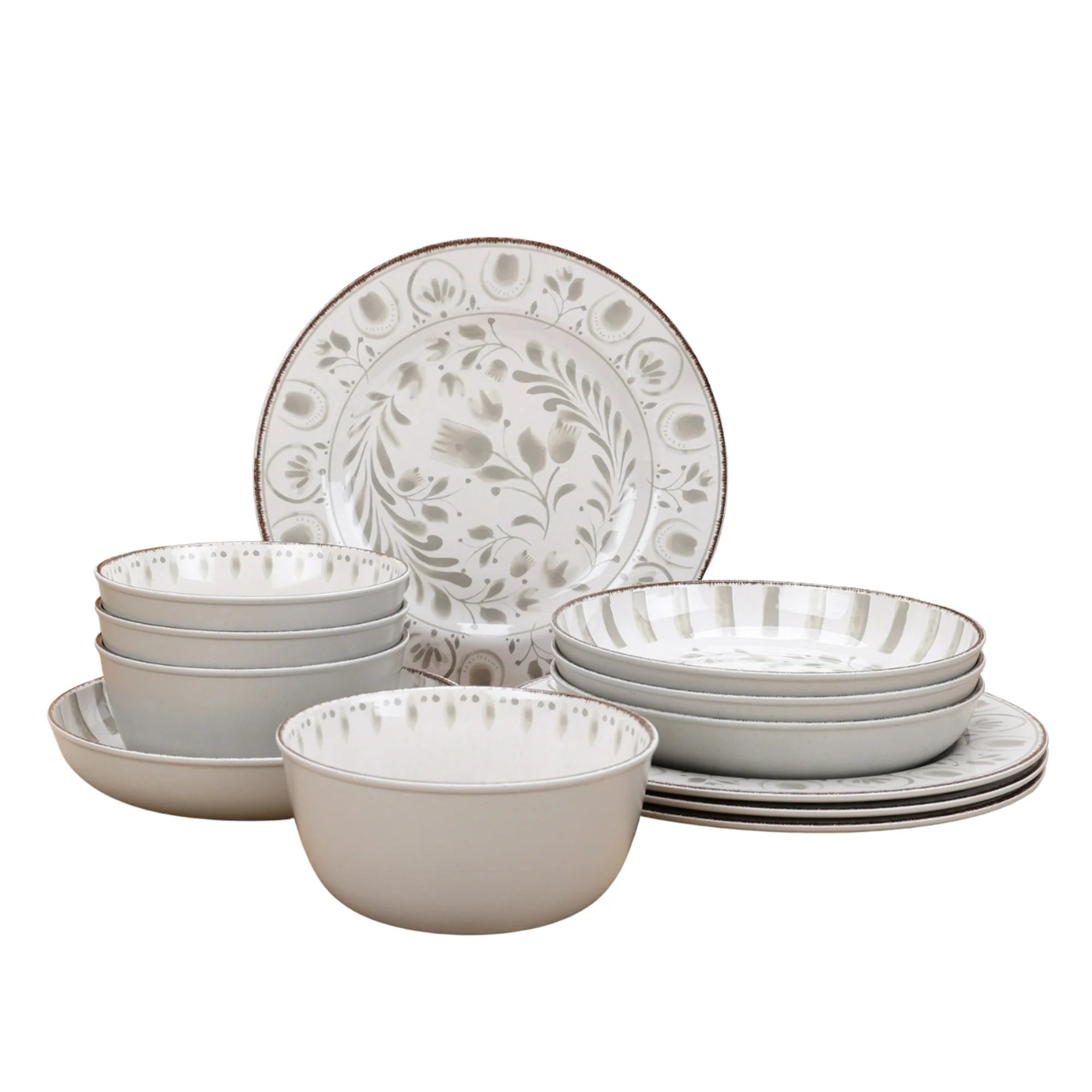 12-Piece Bamboo Melamine Dinnerware Set, Grey