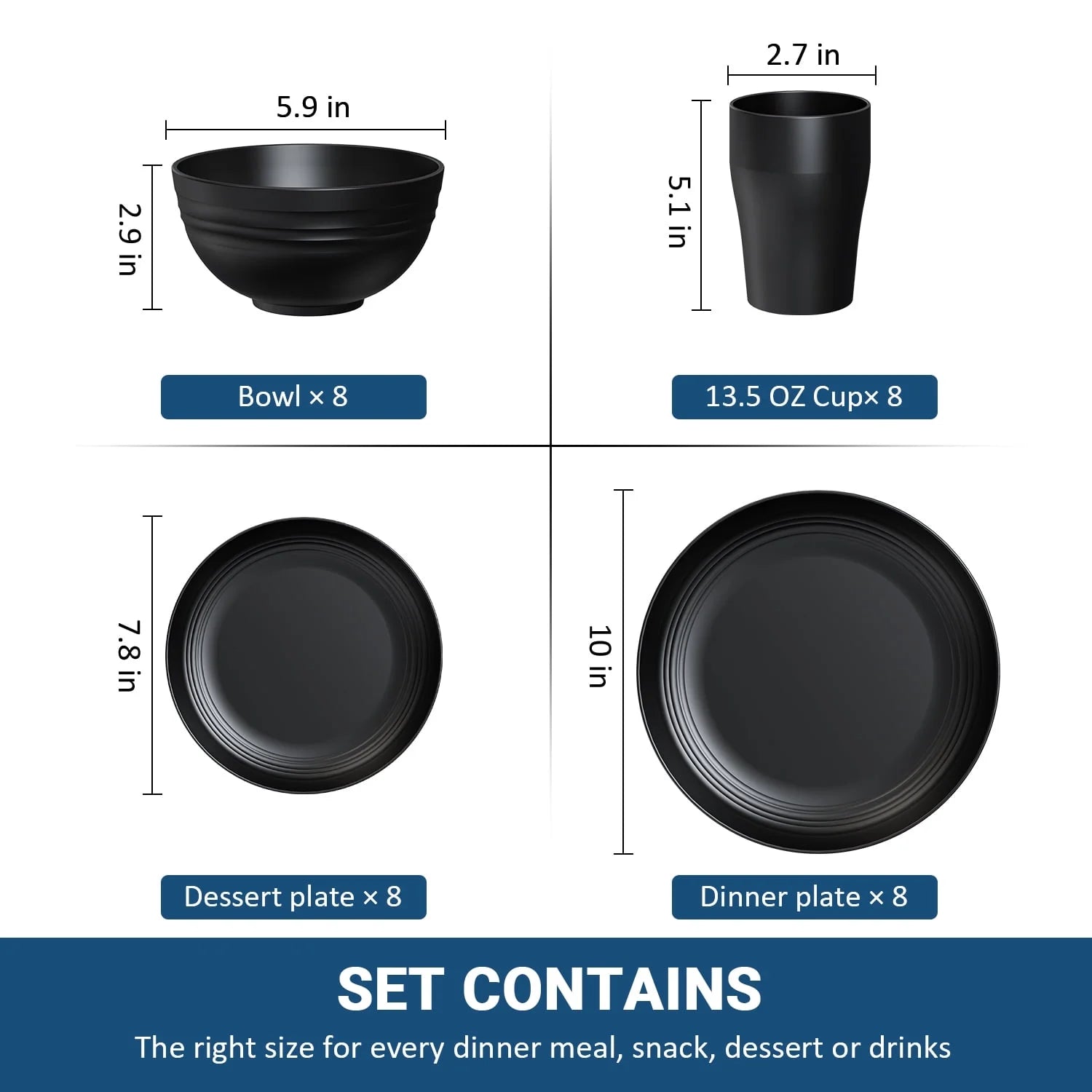 Unbreakable Dinnerware Sets, Wheat Straw Plates and Bowls Sets for 8, Microwave & Dishwasher Safe, Eco-Friendly, Perfect for Dinners, Buffets, and Events- Black