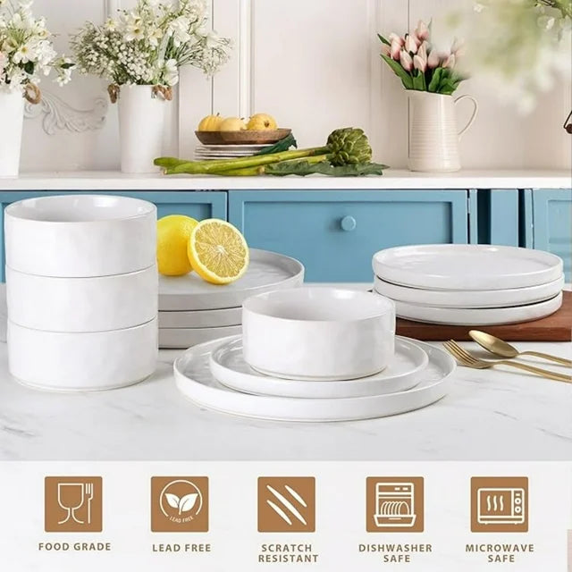 Stoneware Dinnerware Sets, 12 Piece Plates and Bowls Dish Set for 4, Kitchen Speckled Dinner Ware Dining Dishware, Microwave & Dishwasher Safe, Polar White