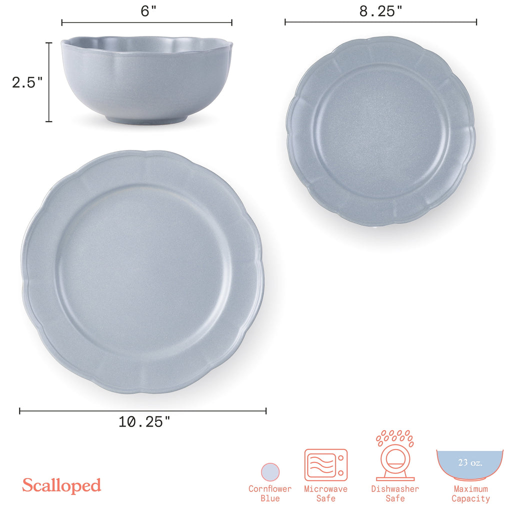 Scallop Stoneware Dinnerware 12 Piece Set Cornflower Blue by Drew