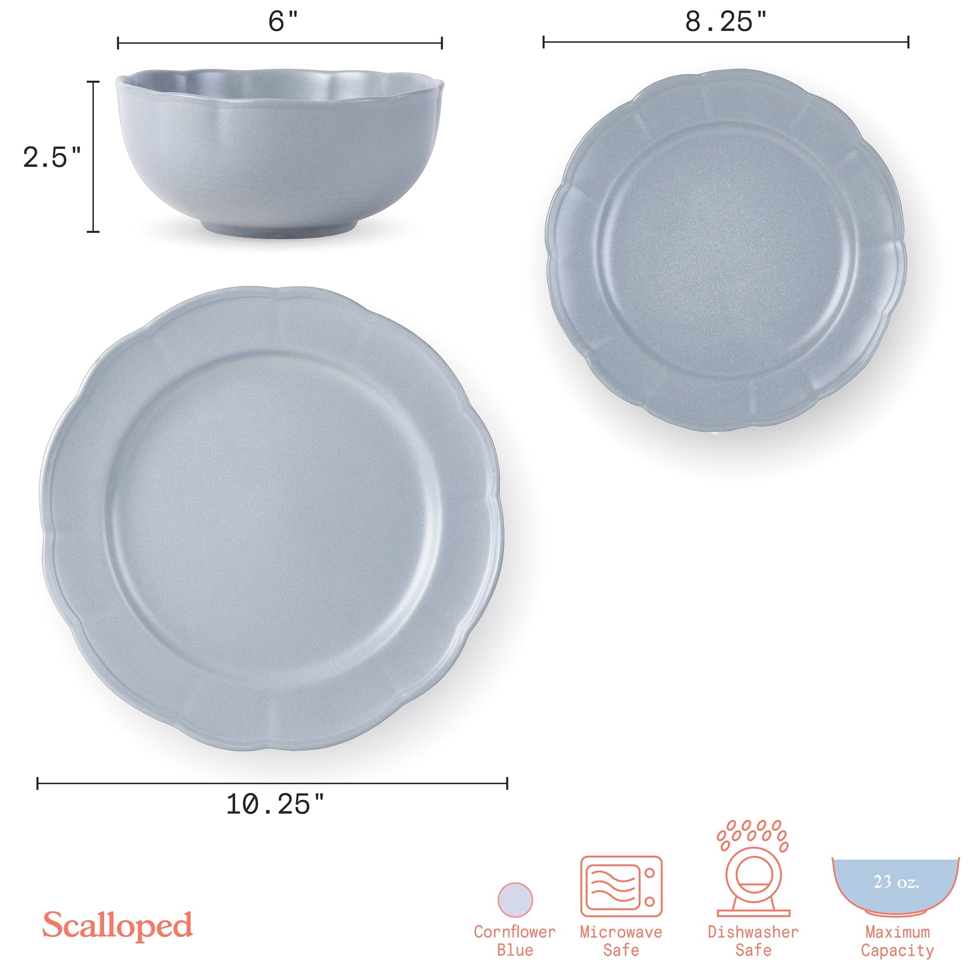 Scallop Stoneware Dinnerware 12 Piece Set Cornflower Blue by Drew